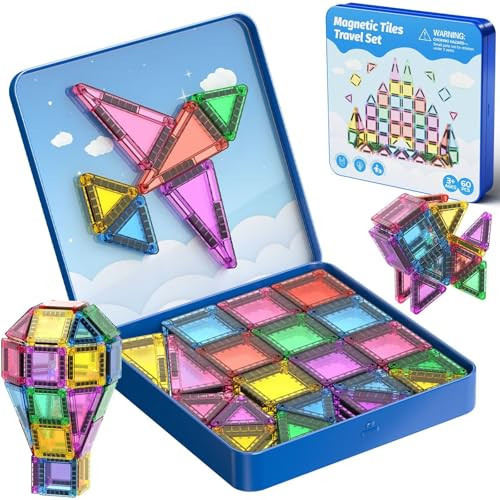 JSDKFJSA 60-Piece Mini Magnetic Tiles Set with Iron Box - Ideal Travel Puzzle Toys for Toddlers Aged 3-5, Montessori STEM Building Blocks, Educational Birthday Gift | Amazon (US)