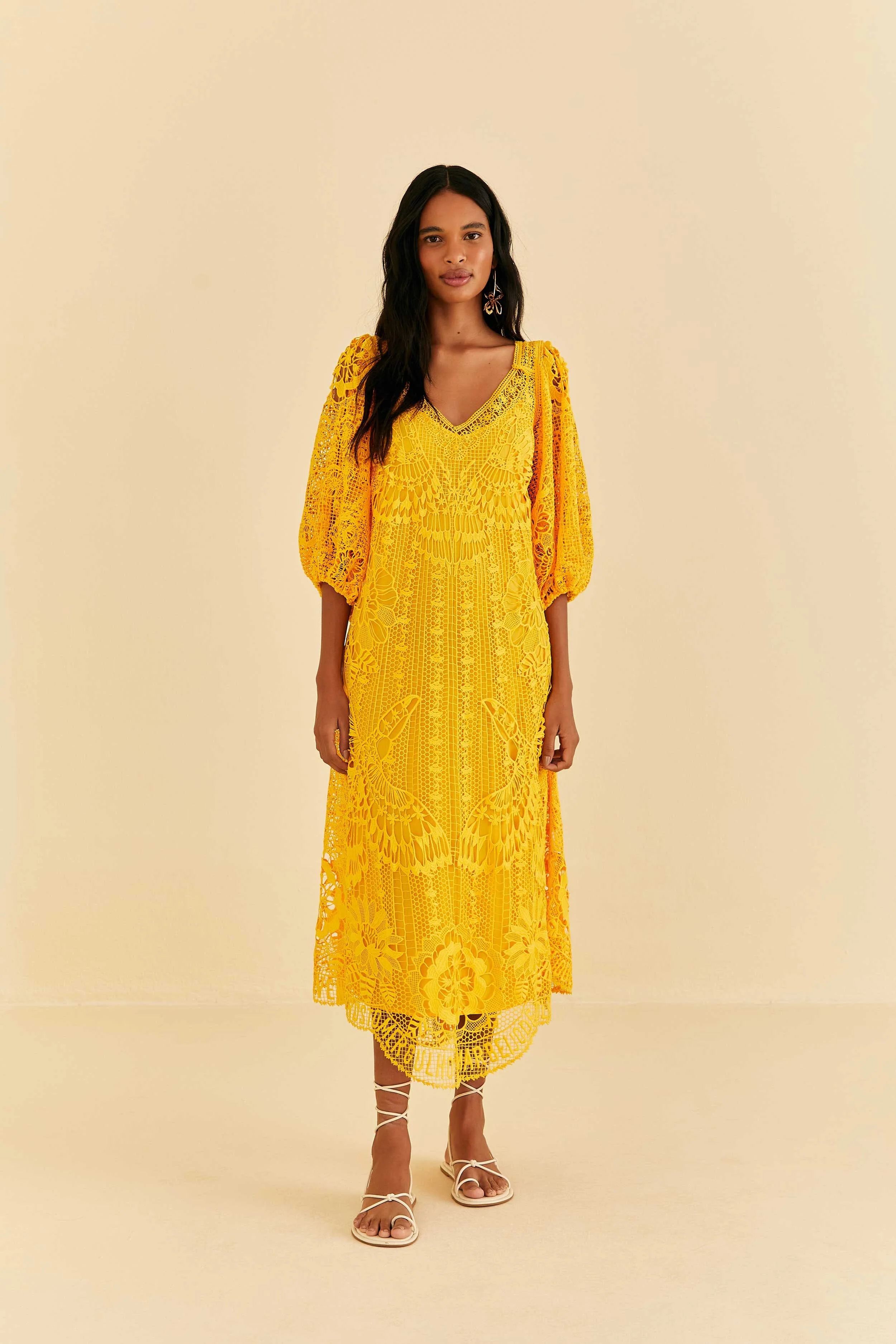 yellow guipure midi dress | FarmRio