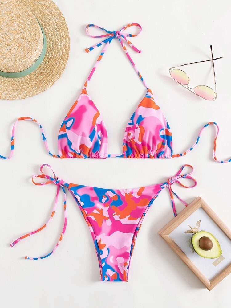 Random Allover Print Triangle Tie Side Bikini Swimsuit | SHEIN