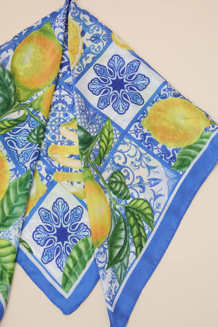 Elena Blue Lemon Print Satin Scarf | Lulus