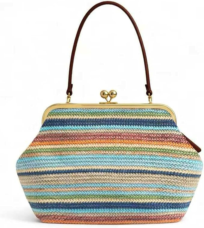 POOOPSSD Kisslock Straw Tote Bag, Straw Shoulder Handbag with Retro Metal Clasp, Summer Beach Pur... | Amazon (US)