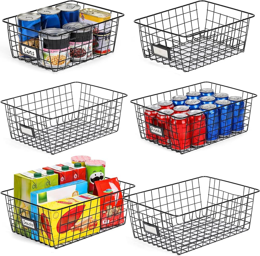 6 Pack [ Extra Large ] Wire Pantry Organization Bins with Lables, Storage Baskets for Organizing ... | Amazon (US)