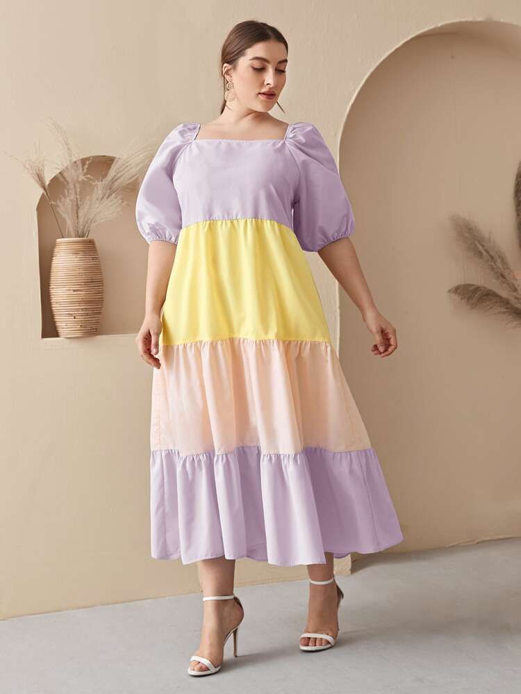 SHEIN Plus Puff Sleeve Colorblock Dress | SHEIN
