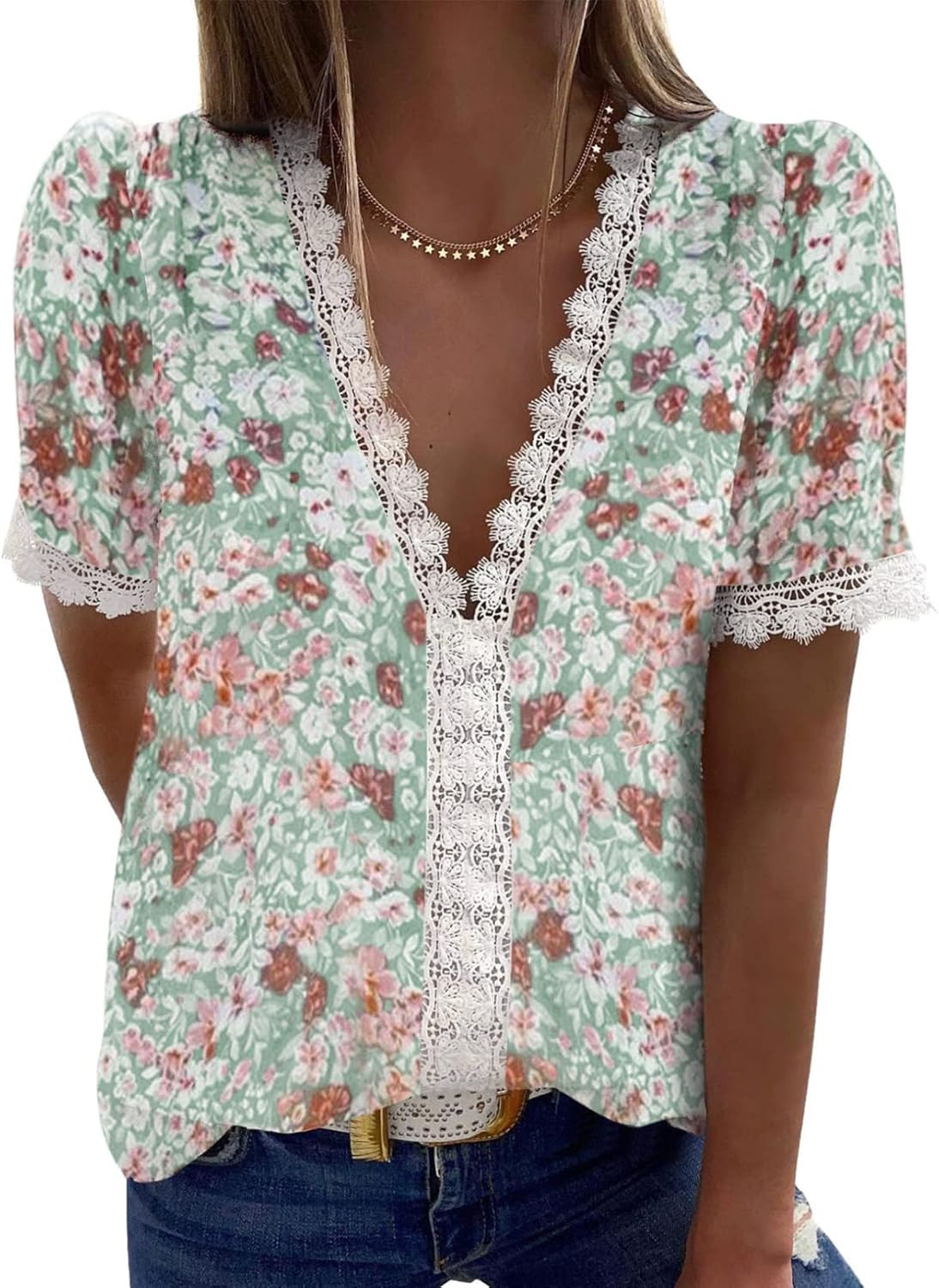 Dokotoo Womens Summer V Neck Lace Crochet Shirts Chiffon Casual Blouses Tops | Amazon (US)