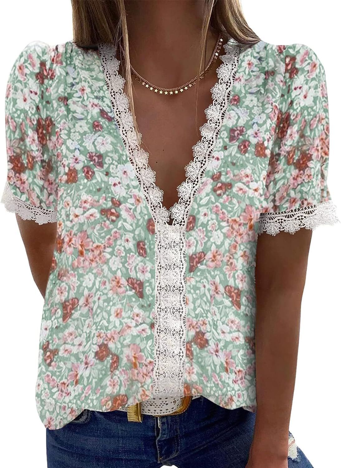 Dokotoo Womens Summer V Neck Lace Crochet Shirts Chiffon Casual Blouses Tops | Amazon (US)