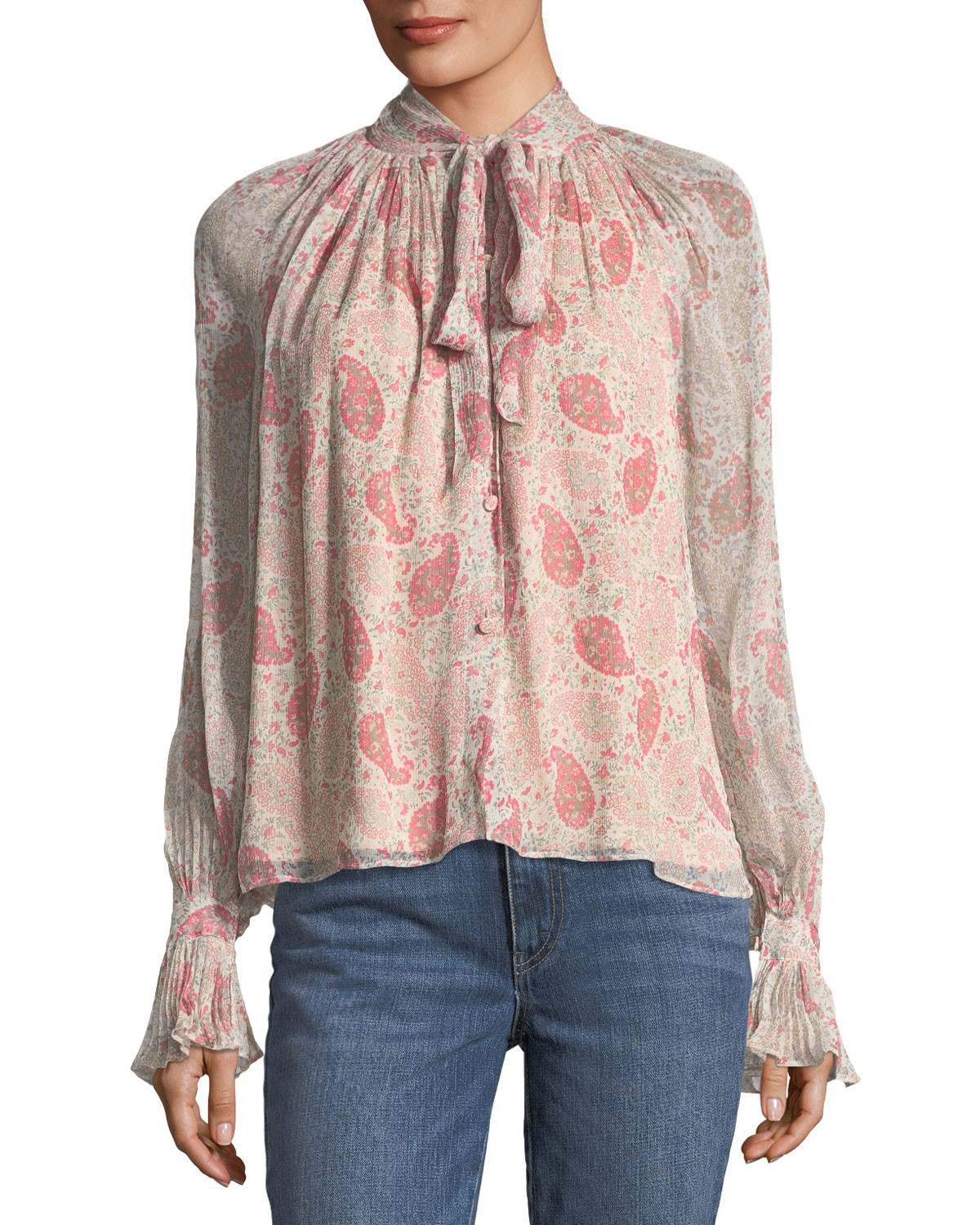 Paisley Floral-Print Tie-Neck Chiffon Blouse | Neiman Marcus