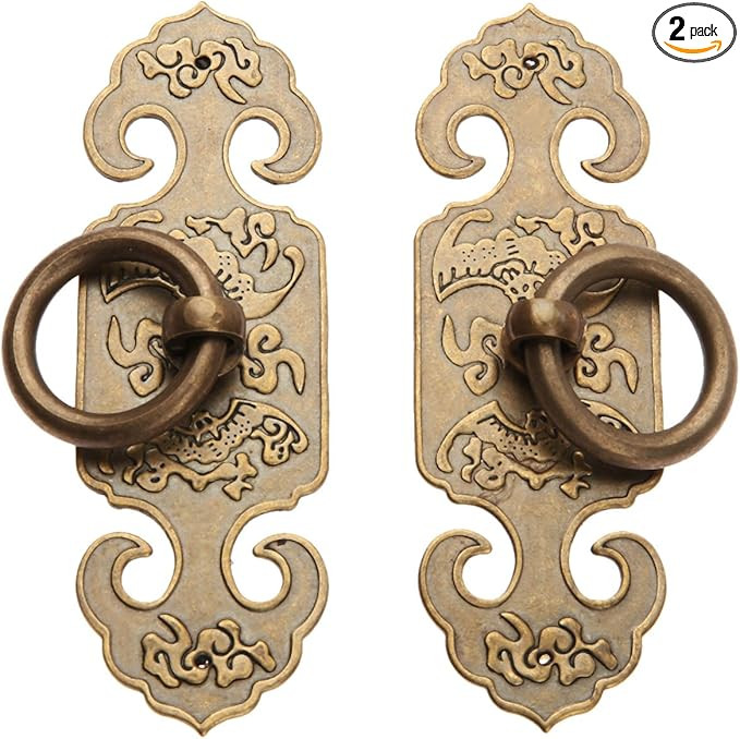 dophee 2PCS Vintage Style Brass Ring Pulls, Chinese Style Cabinet Handles Knobs with Screws for K... | Amazon (US)