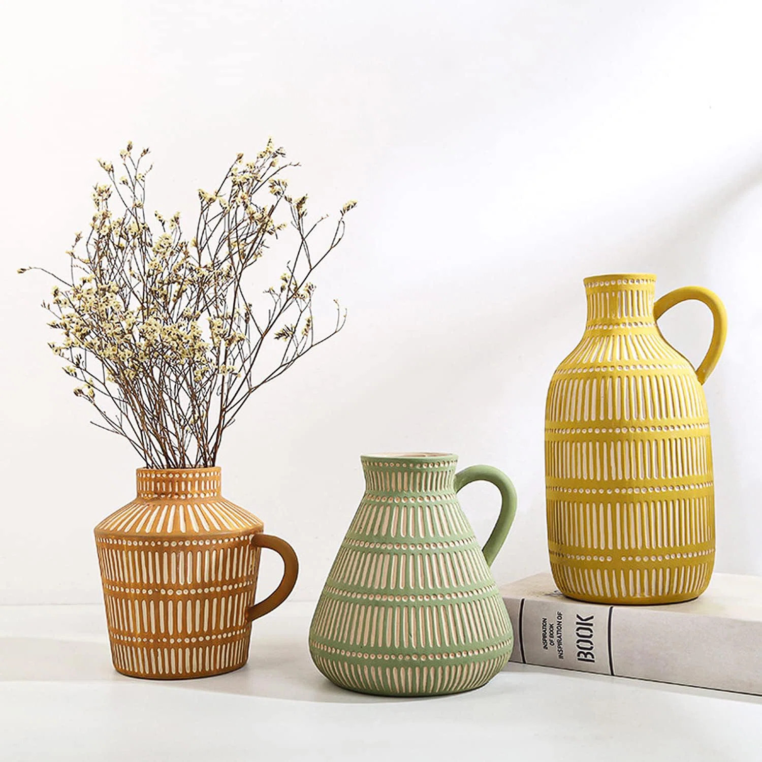 Dakota Fields Ceramic Vase Set Of 3 - Modern Yellow, Brown, Green Hand-Painted Vases For Home Dec... | Wayfair North America