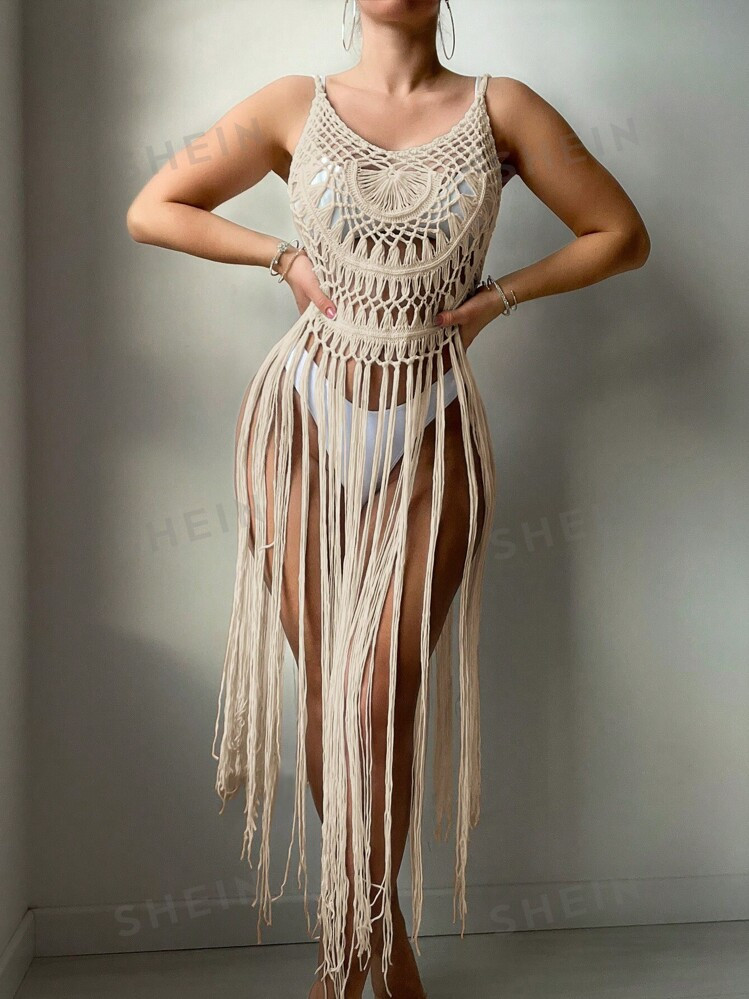 TrendsSHEIN Swim Summer Beach Women's Fringed Hem Crochet Cover-Up Top, Perfect For Beach Vacatio... | SHEIN