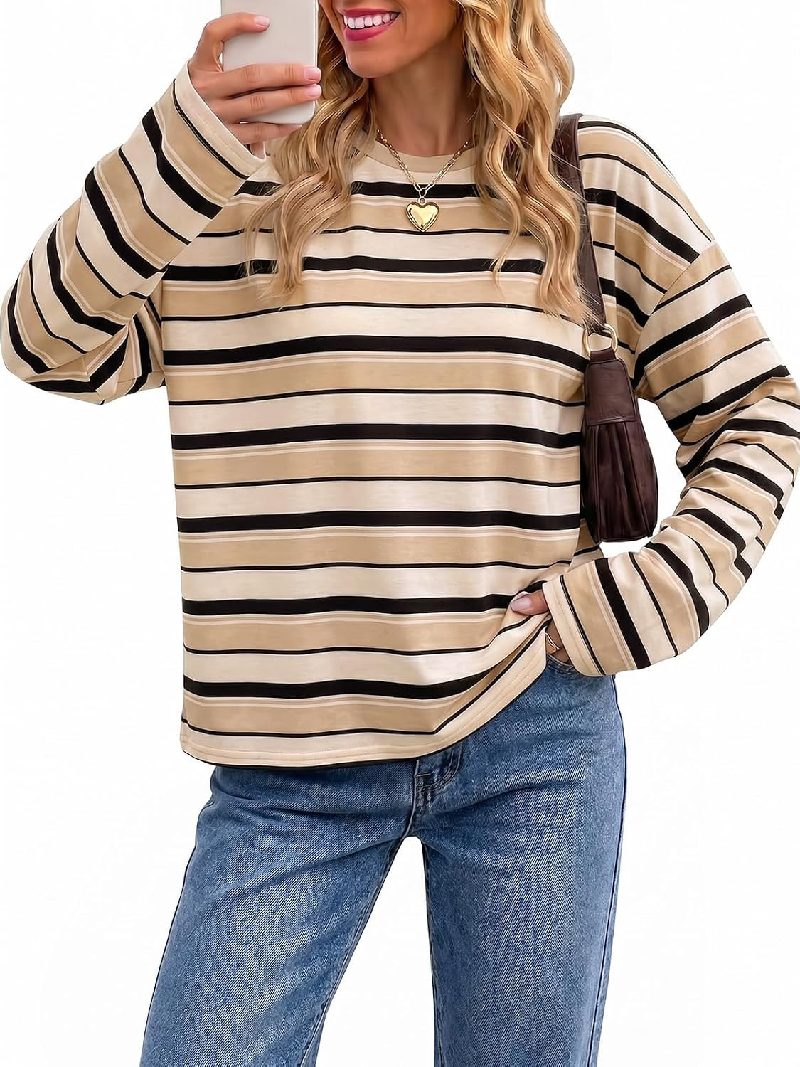 Tankaneo Womens Oversized Striped Long Sleeve T-Shirts Crewneck Casual Tops | Amazon (US)