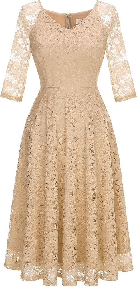 Dressystar Womens Long-Sleeve Wedding Guest Dress A-Line Lace Formal Party Cocktail Midi Dress Pr... | Amazon (US)