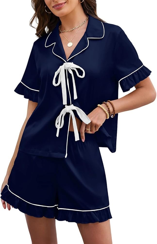 MARZXIN Womens Satin Pajamas Set 2 Piece Silk Pjs Shorts Set Short Sleeve Ruffled Lingerie Sleepw... | Amazon (US)