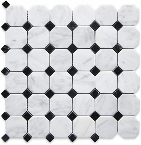 Stone Center Online Carrara White Marble 2 inch Octagon Mosaic Tile w/Nero Marquina Black Dots Polis | Amazon (US)