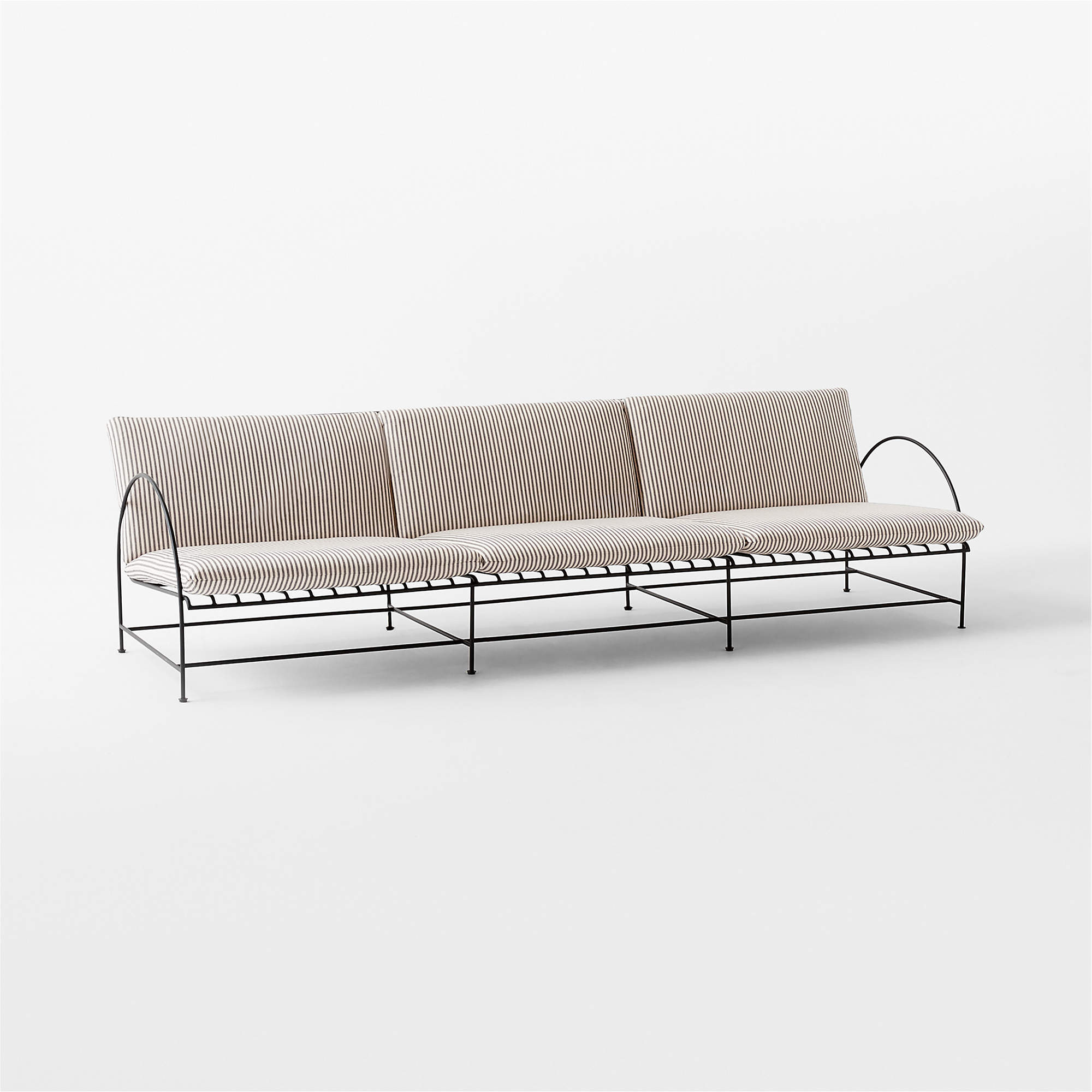 Costa 97" 3-Seat Black Metal Outdoor Sofa with Black and White Striped Sunbrella Cushions + Revie... | CB2