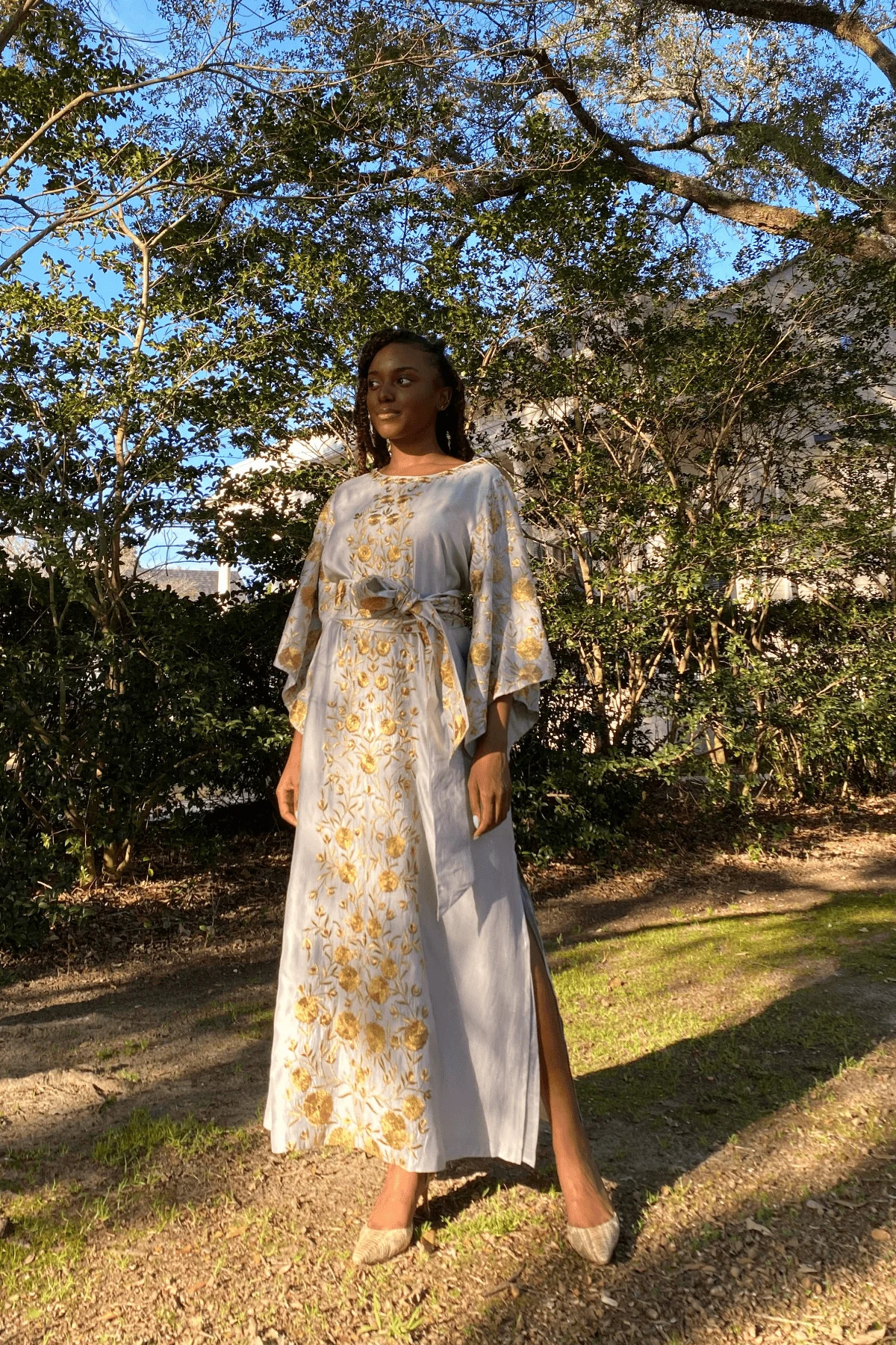 SS Kaftan | Dove Gray /Antique Gold | SUE SARTOR