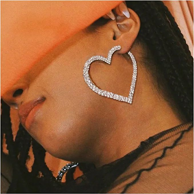 Rhinestones Hoop Earrings Big Heart Crystal Hoop Earrings Rhinestones Bridal Drop Dangle Earrings... | Amazon (US)