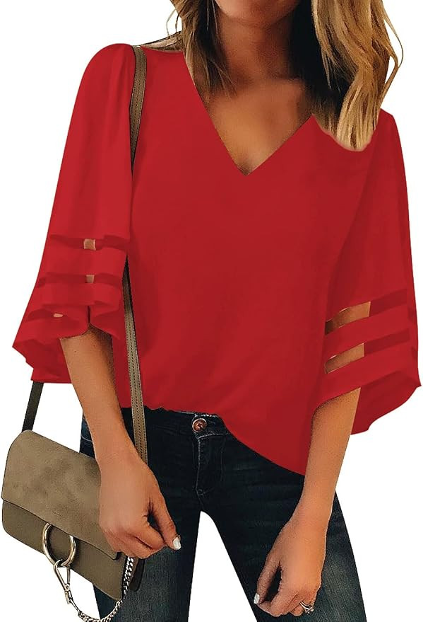 LookbookStore Women's V Neck Mesh Panel Blouse 3/4 Bell Sleeve Loose Top Shirt | Amazon (US)