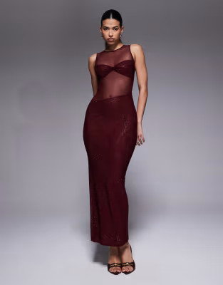 The Frolic exclusive high neck sleeveless hot fix sheer insert maxi dress in burgundy | ASOS | ASOS (Global)