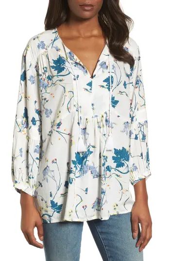 Women's Caslon Print Split Neck Boho Top, Size X-Small - White | Nordstrom