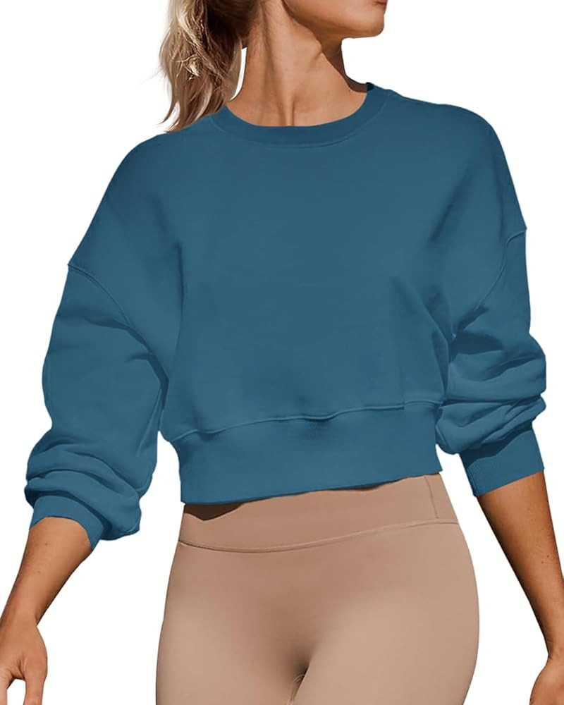 Women's Long Sleeve Round Neck Cropped Sweatshirts Cute Loose Fit Pullover Tops | Amazon (US)