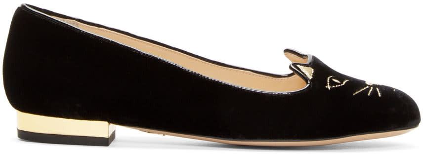 Charlotte Olympia Black Velvet Kitty Flats | SSENSE