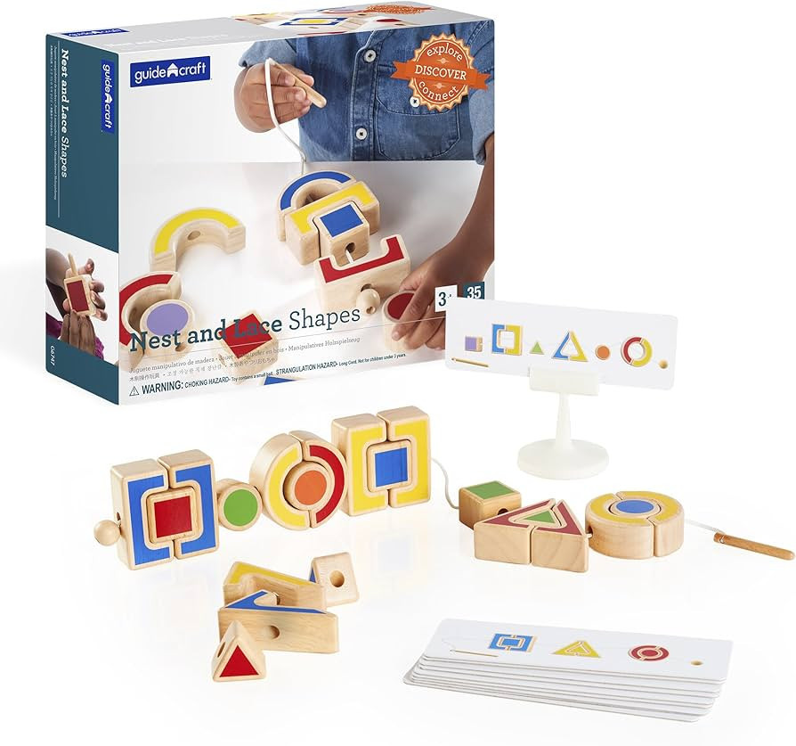 Guidecraft Colorful Nest and Lace Shapes- Wooden Geometric Puzzle Matching and Weaving Game, Todd... | Amazon (US)