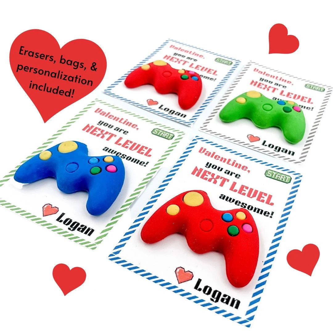 Video Game Valentine Eraser Cards, Assembled Class Favors, Personalized Valentine’s Goodie Bags... | Etsy (US)