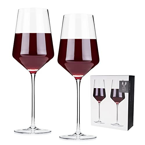 Viski Raye Angled Crystal Bordeaux Wine Glasses Set of 2 - Premium Crystal Clear Glass, Modern Stemmed, Flat Bottom Red Wine Gift Set - 16oz | Amazon (US)