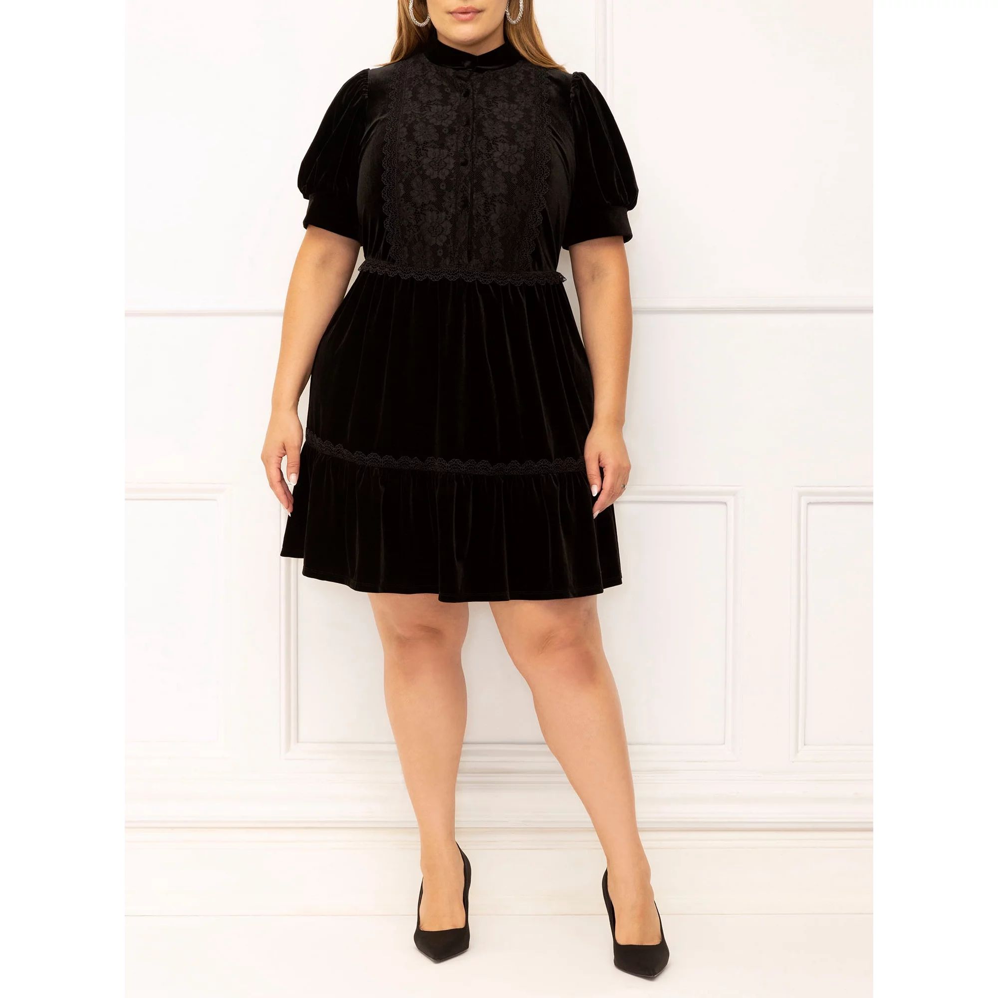 ELOQUII Elements Women's Plus Size Lace Accent Velvet Dress with Puff Sleeves | Walmart (US)