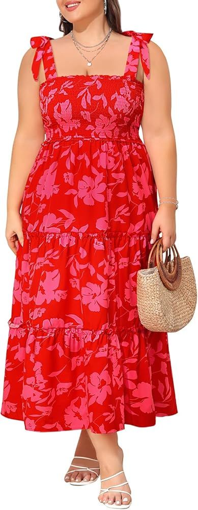 Women's Plus Size Summer Spaghetti Strap Maxi 2024 Beach Square Neck Smocked Long Flowy Tiered Dr... | Amazon (US)