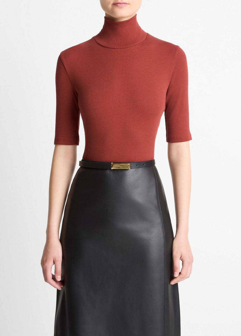 Women's Ribbed Cotton Elbow-Sleeve Turtleneck Top, Siena, Size XL Vince | Vince LLC