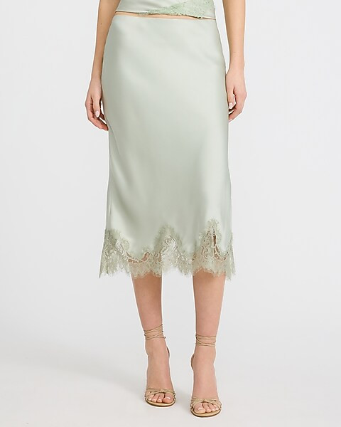 Satin Lace Midi Slip Skirt | Express