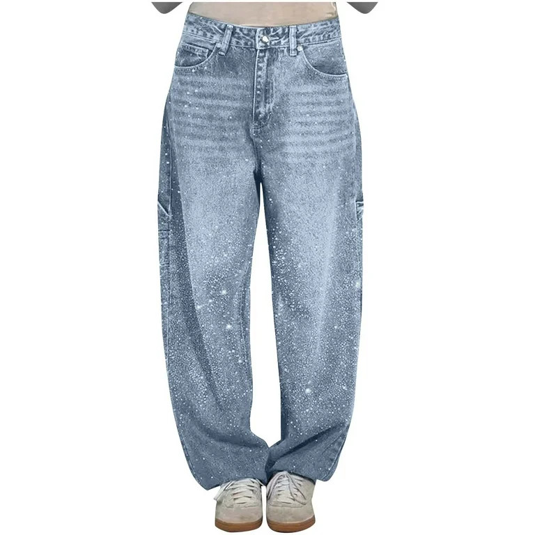 Generic Womens Rhinestone Rhinestone Jeans Baggy Wide Leg Pants High Waisted Washed Distressed St... | Walmart (US)