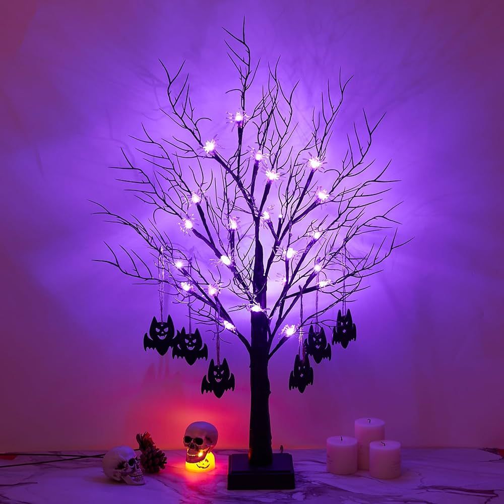 Beterzack 2FT Black Halloween Tree, Spooky Tree with 20 Spider & 24 Purple Lights and 6 Bat Decor... | Amazon (US)