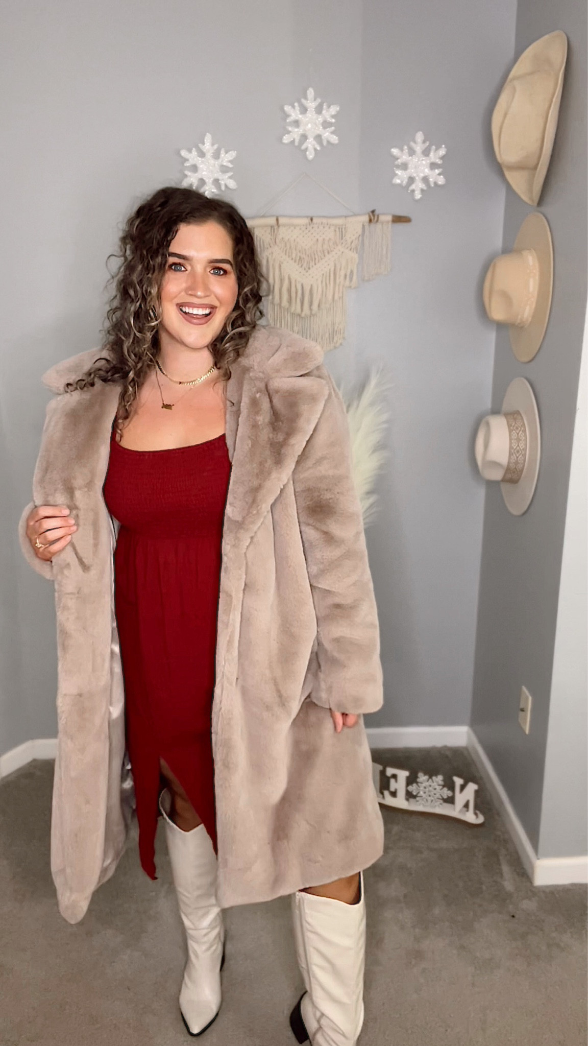 Midsize winter transition date night outfit inspo ❄️🥂 
Dress: L
Coat: XL 
Boots: Wide calf 16” calves 
#midsizeoutfits #ootn #datenightoutfit #wintertransition #wineryoutfit #puffsleeve #mididress #dress #reddress #styleinspo #coat #furcoat #jacket #outerwear #boots #widecalfboots #tallboots #whiteboots 

#LTKcurves #LTKstyletip #LTKSeasonal