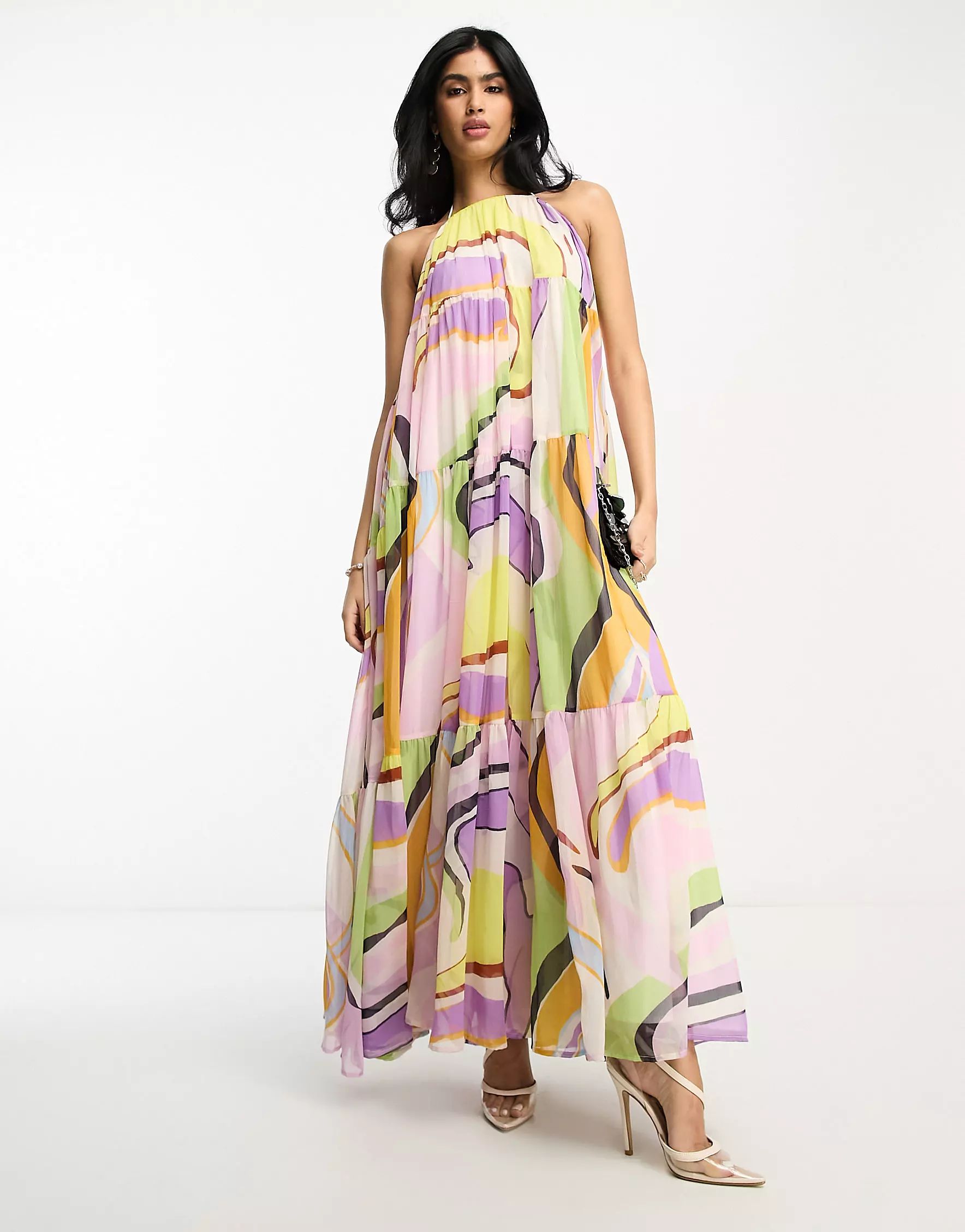 ASOS DESIGN channel detail halter neck trapeze tiered maxi dress in abstract print | ASOS (Global)