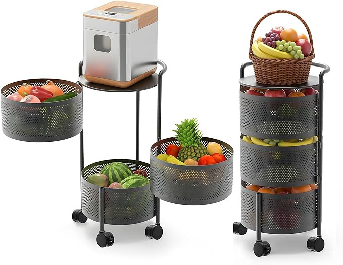 3-Tier No Assembly Vegetable Storage Rack, Under Counter Rotating Fruit Basket with Wheels, Carbo... | Amazon (US)