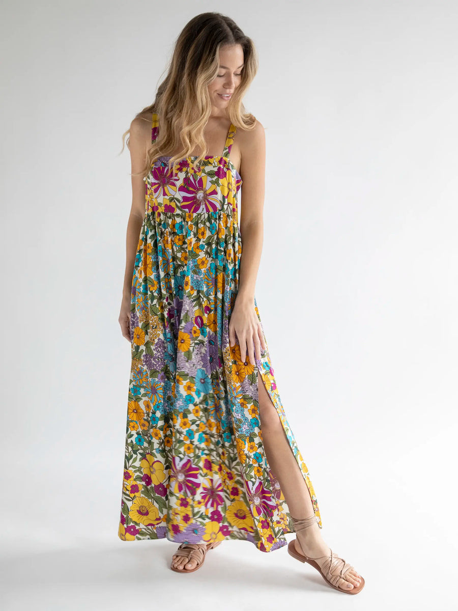 Patti Side Slit Maxi Dress - Ivory Blue Floral | Natural Life