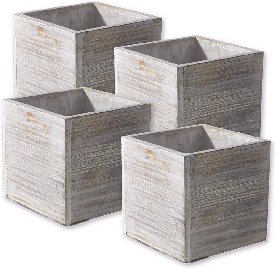 Wood Planter Box Set, Rustic Whitewash, Plastic Liners, 5 Inch Square Flower Holder, Natural Barn... | Amazon (US)