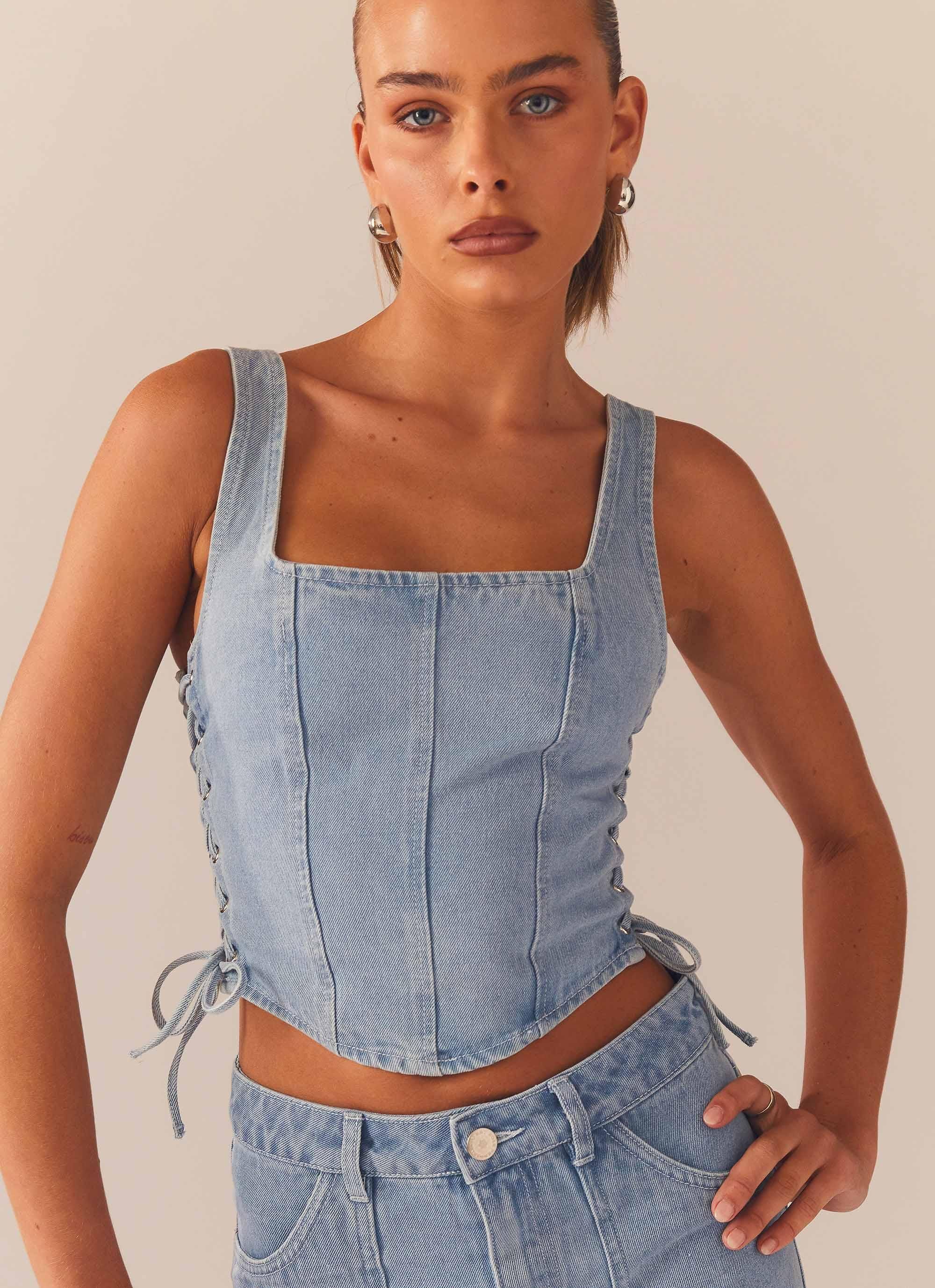 Giddy Up Denim Bustier Top - Subdued Blue | Peppermayo (Global)