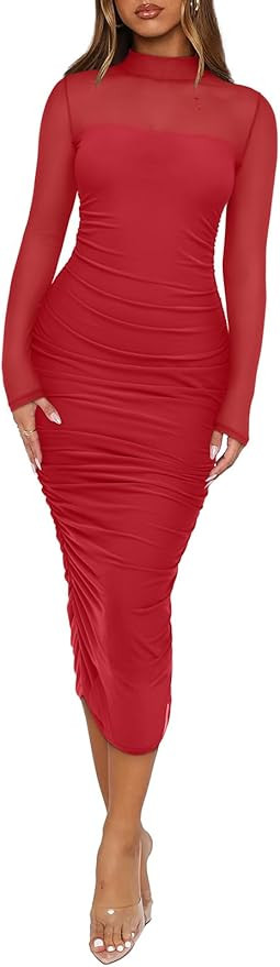 REORIA Women's Fall Mesh Long Sleeve Midi Ruched Bodycon Dress Mock Neck Elegant Club Evening Par... | Amazon (US)