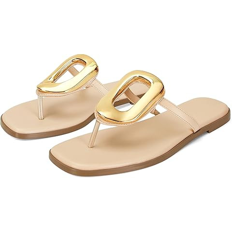Coutgo Womens Flat Sandals Comfortable Flip Flops Slide Sandals Summer Beach Shoes with Metal Dec... | Amazon (US)