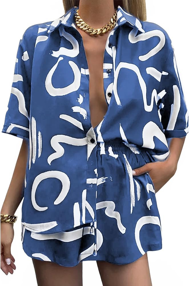 Women's 2 Piece Outfit Sets Summer Beach Casual Printed Shirts and Shorts Lounge Sets | Amazon (US)