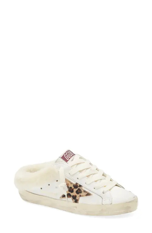 Golden Goose Super-Star Sabot Geniune Shearling Mule Sneaker in White/Leopard/Beige at Nordstrom, Size 9Us | Nordstrom