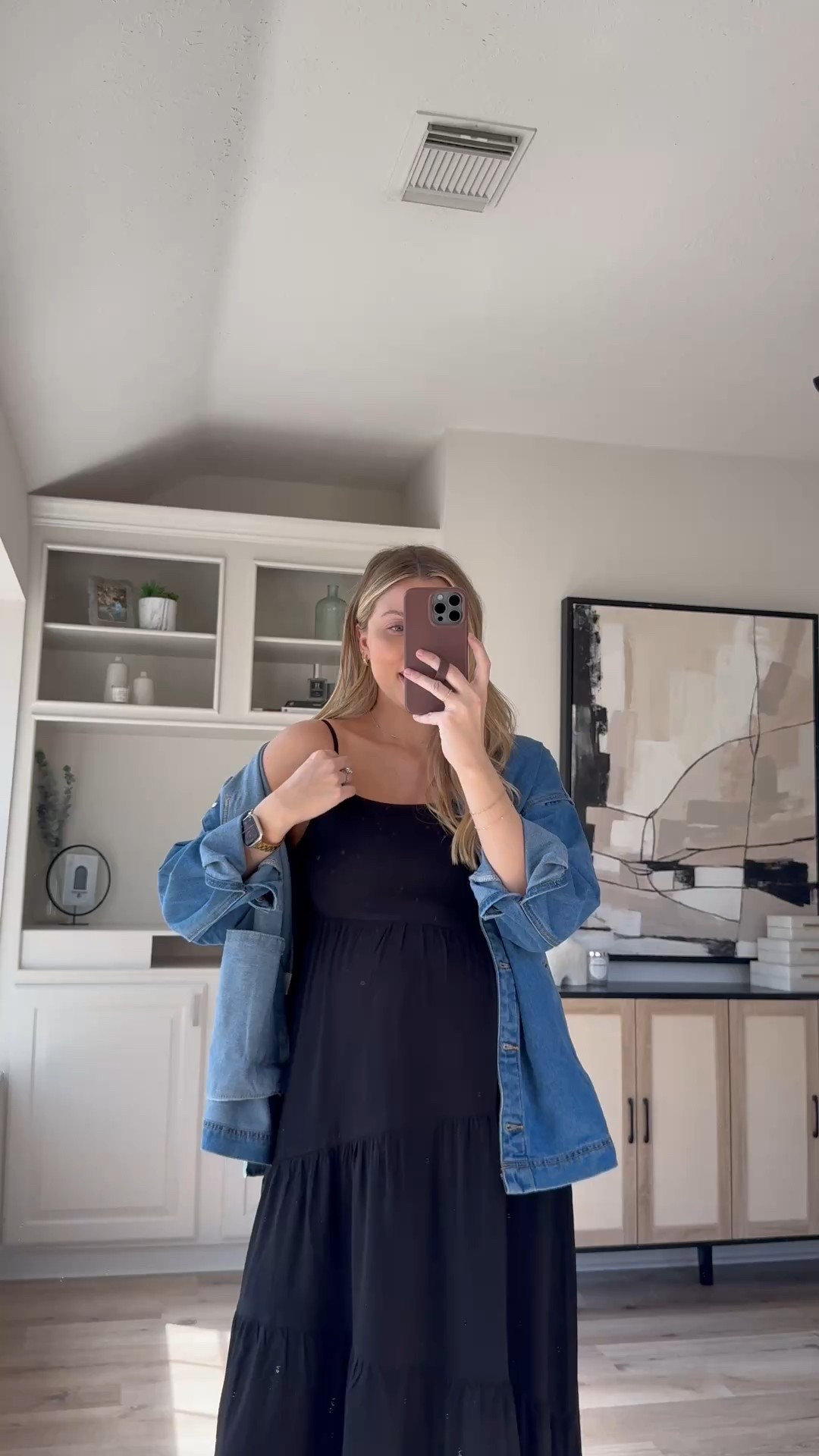 Bump friendly spring outfit | this dress is so flowy and perfect for the bump. Wearing size S in the dress. Size M in the denim jacket. Sandals fit tts. 

#LTKWatchNow #LTKStyleTip #LTKBump