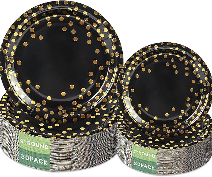 100pcs Black and Gold Paper Plates - 7 & 9 inch Foil Polka Dots Disposable Party Plates for Birth... | Amazon (US)