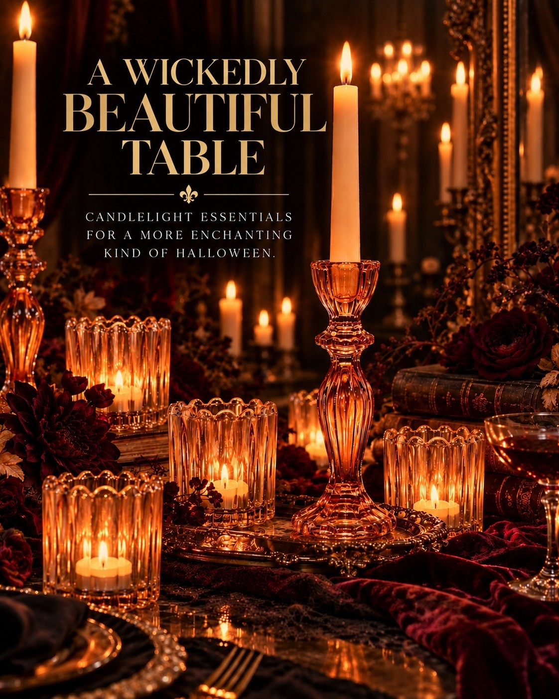 Halloween tables don’t need cobwebs and plastic spiders to feel wickedly good.

Layer amber glass candle holders, tall tapers, deep burgundy velvet, dark florals, and warm metallics, and suddenly the table feels less like seasonal décor and more like dinner in a beautifully haunted old estate.

It’s moody. Romantic. A little dramatic. And once everything is glowing by candlelight, even an ordinary dinner feels like an occasion.

The secret to a beautiful Halloween table? Turn down the lights and add more candles.

#AmazonFinds #AmazonHome #HalloweenDecor #HalloweenTablescape #CandleHolders #Candlelight #SpookySeason #MoodyInteriors #DarkRomantic #GothicDecor #OldWorldStyle #FallTablescape #EntertainingAtHome #AffordableLuxury #CallsignDesign