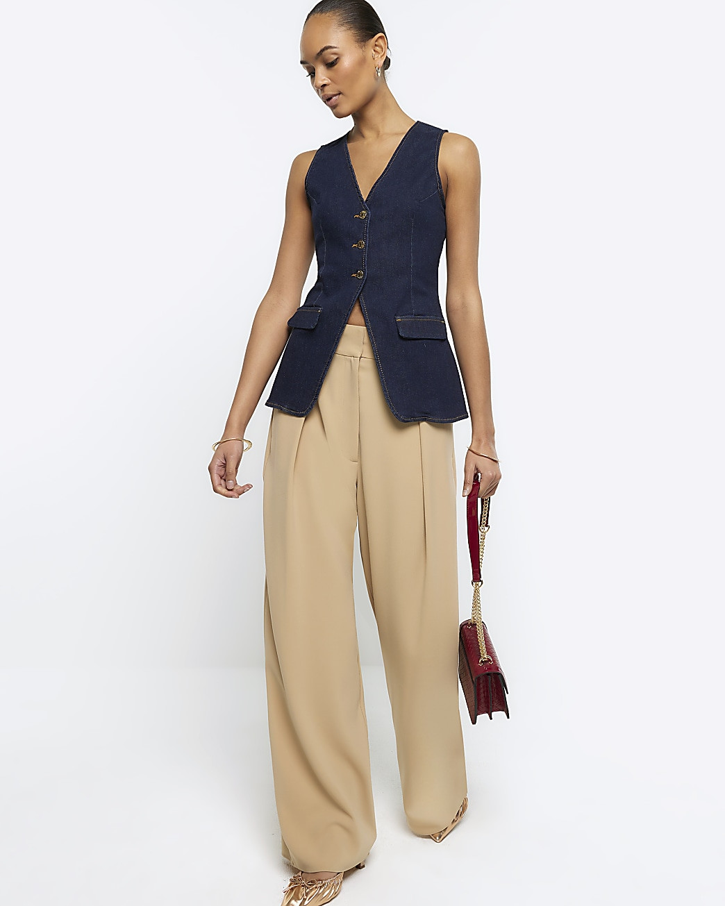 Blue button up denim waistcoat | River Island (UK & IE)