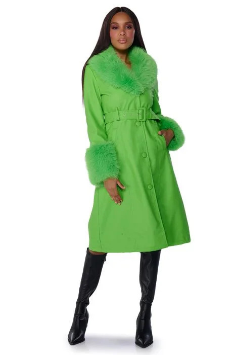 KAYA PU TRENCH WITH FAUX FUR LINING IN GREEN | AKIRA