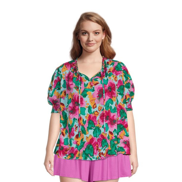 Terra & Sky Women's Plus Size Puff Sleeve Peasant Top | Walmart (US)